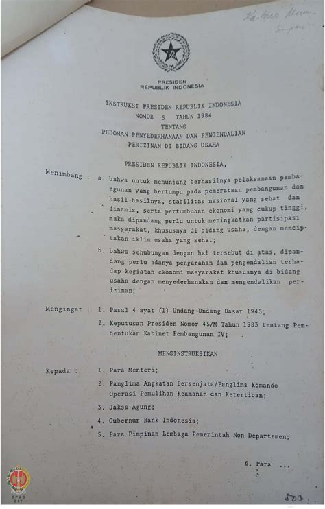 Instruksi Presiden Ri Nomor 5 Tahun 1984 Tentang Pedoman Penyederhanaan