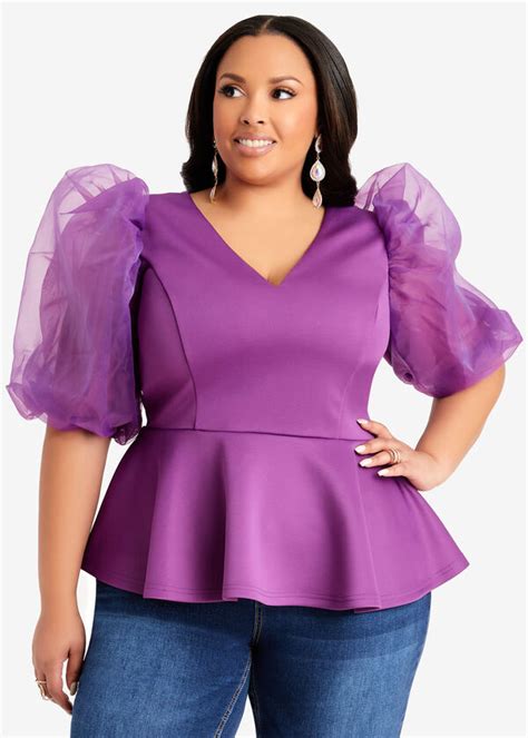 Plus Size Organza And Scuba Puff Sleeve Top Plus Size Peplum Tops