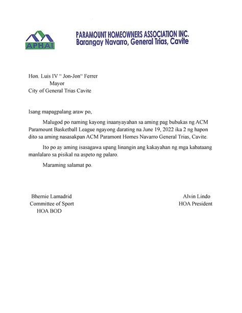 Acm Basketball League Sample Letter Hon Luis Iv Jon Jon Ferrer