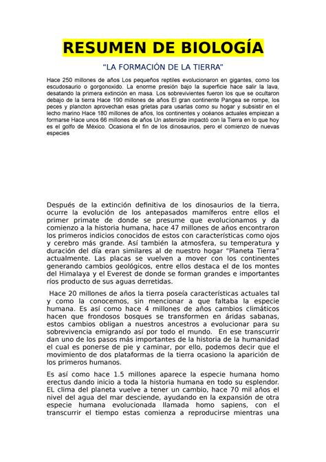 Resumen De Biolog A Resumen De Biolog A La Formaci N De La Tierra