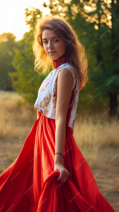 Premium Photo A Girl In A Red Dress Stands In A Field