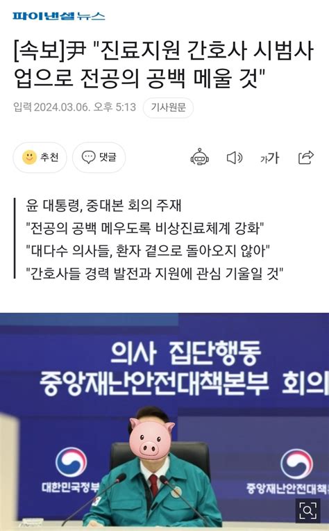 속보 尹두창 진료지원 간호사 시범사업으로 전공의 공백 메울 것 정치시사 에펨코리아