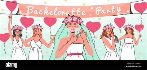 Bachelorette Party Hen Party Flat Composition With Doodle Style Female Characters With Balloons