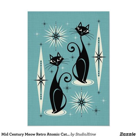 Mid Century Meow Retro Atomic Cats On Blue Invitation Zazzle Blue