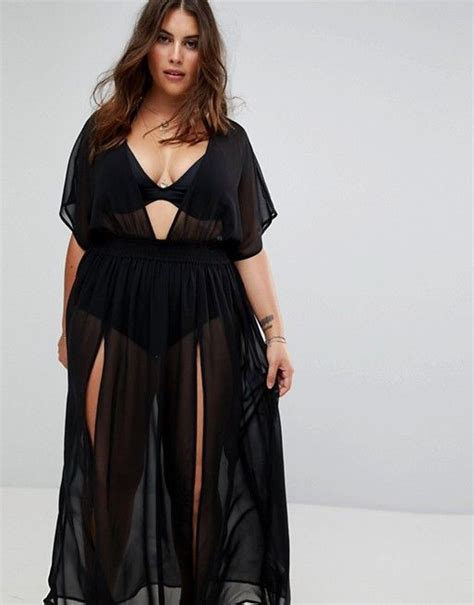 Asos Design Curve Shirred Waist Maxi Chiffon Beach Kaftan Asos