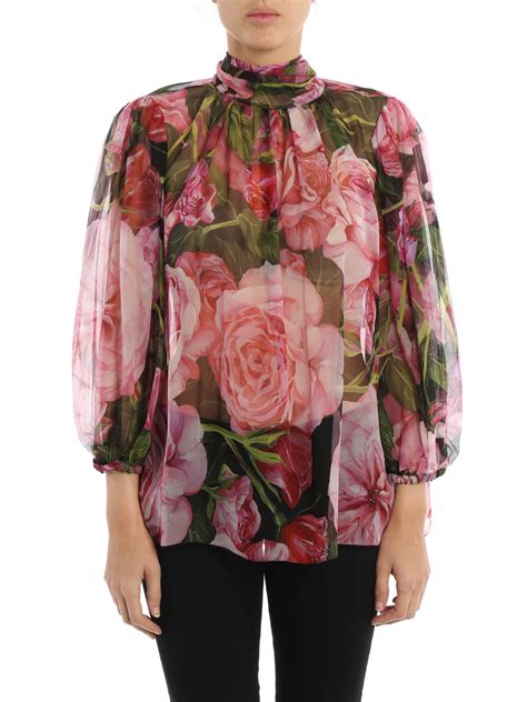 Blouses Dolce Gabbana Rose Print Silk Chiffon Blouse F7X63TGDC89HN412