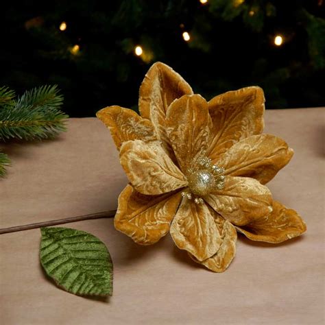 Festive Gold Velvet Magnolia Stem 50cm