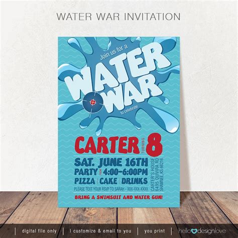 Water War Printable Party Invitation Water Gun Party Splash Pool