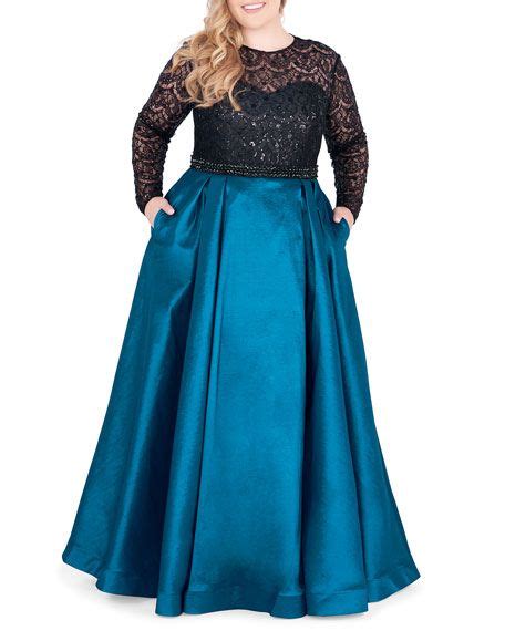 Mac Duggal Plus Size Long Sleeve Satin Ball Gown With Sequin Bodice