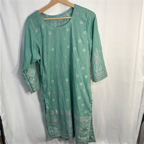 Kurtas Simple Green And Silver Two Piece Salwar Kameez Set Poshmark