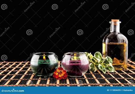 Spa Decoration With Stones Candle With Massage Oil On A Blac Stock Image Image Of Fragrance