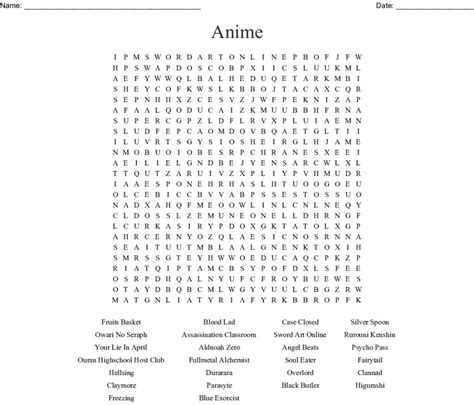 Anime And Manga Crosswords Word Searches Bingo Cards Wordmint Word Search Printable