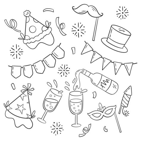 Hand drawn new year party element collection for coloring 14644126 ...