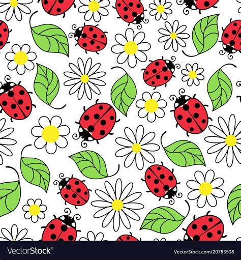 Ladybug Flowers And Leaves Seamless Pattern Vector Image