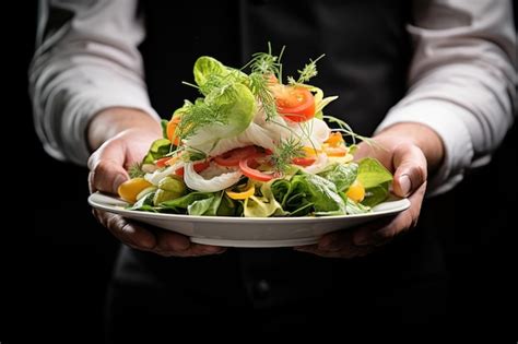 Premium Photo A Chef Adding Finishing Touches To A Salad With A