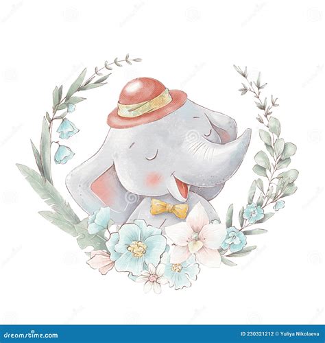Set Of Cute Cartoon Elephant In A Hot Air Balloon Watercolor Illustration Stock Illustration