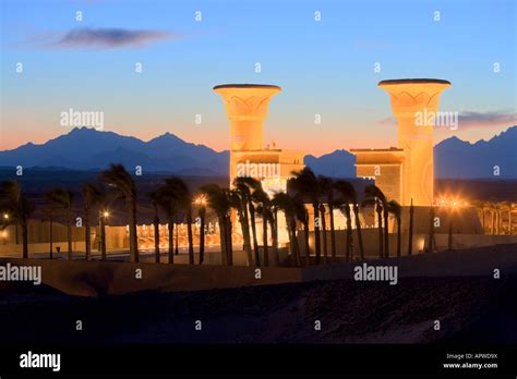 Entrance to Sahl Hasheesh in Hurghada, Egypt at dusk with Sahara desert ...