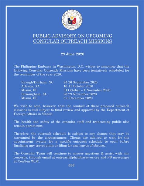 Public Advisory On Upcoming Consular Outreach Missions Embassy Of The Republic Of The Philippines