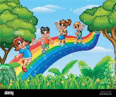 Illustration Of Happy Kids Standing Over The Rainbow Stock Vector Image