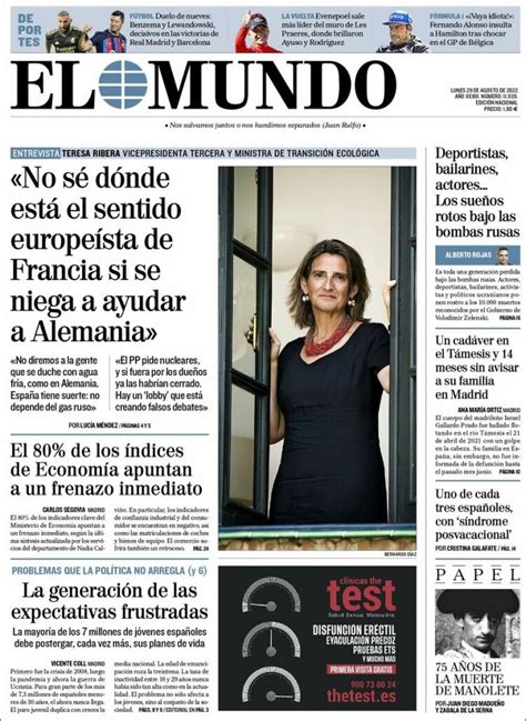 Portada Del Diario El Mundo Del Día 29082022 News Europa