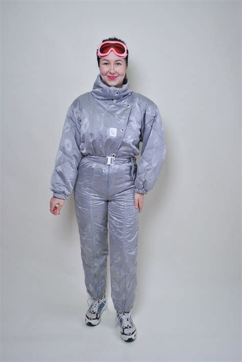 One Piece Ski Suit Vintage Women Shiny Gray Snow Suit Size S Etsy Uk