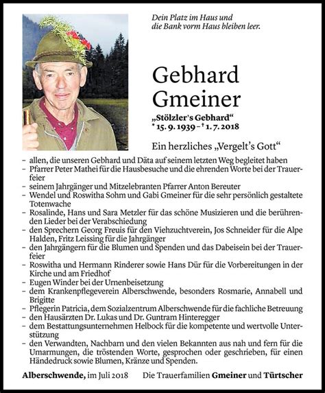 Todesanzeigen Von Gebhard Gmeiner Todesanzeigen Vorarlberger Nachrichten