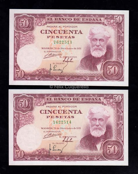 Pareja Correlativa 50 Pesetas 1951 Sin Serie S C Felix Cuquerella