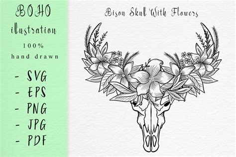 Boho Illustration Bison Skull With Flowers