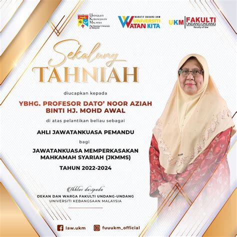 Sekalung Tahniah Diucapkan Kepada Ybhg Profesor Dato Noor Aziah Binti