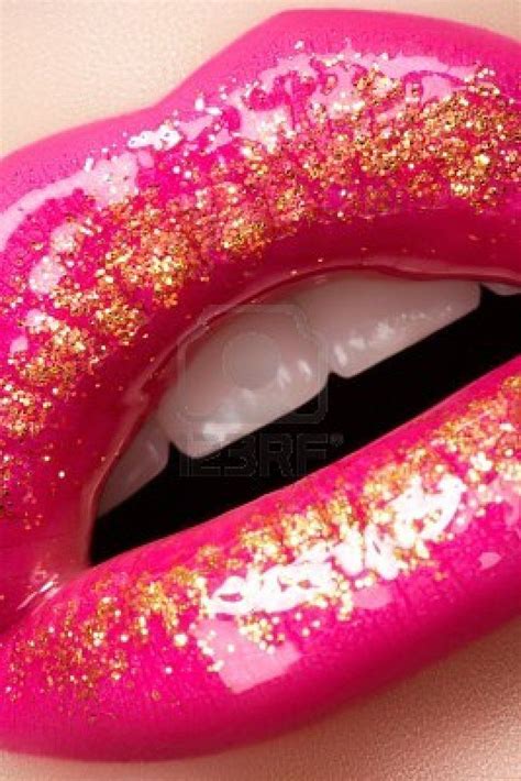 Bright Pink Lip Gloss Make Up With Gold Glitter Bright Pink Lips Hot Pink Lips Big Lips Kiss