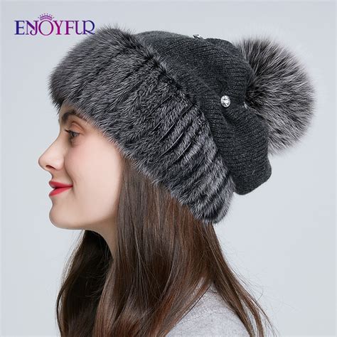 Enjoyfur Mink Fur Knitted Wool Hats For Women Winter Thick Warm Slouchy