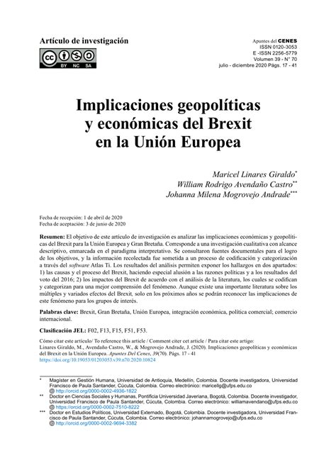 Pdf Implicaciones Geopol Ticas Y Econ Micas Del Brexit En La Uni N