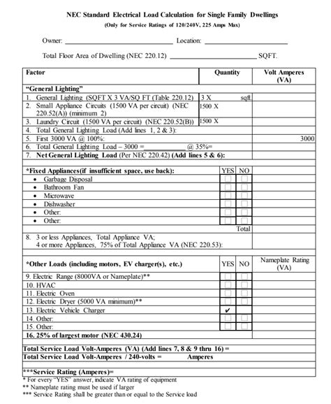 Nec Electrical Load Calculation Worksheet