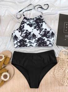 SHEIN Swim Summer Beach Tie Dye Bikini Set Tie Back Halter Top High