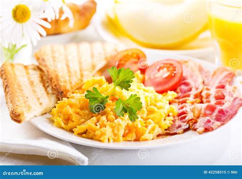 Breakfast With Scrambled Eggs Juice And Fruits Stock Image Image Of