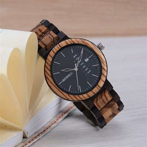 Bewell Colorful Mens Wood Watches Day Week Display Quartz Wooden Watch