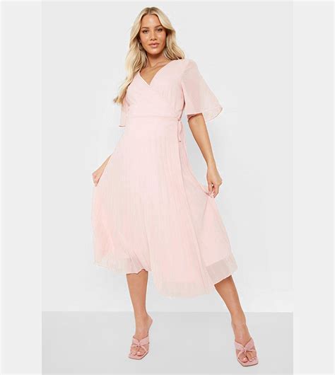 Buy Boohoo Maternity Wrap Pleated Skater Midi Dress In Pink 6thstreet