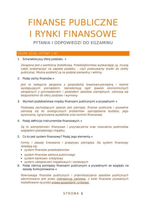 Finanse Pytania Odpowiedzi FINANSE PUBLICZNE I RYNKI FINANSOWE