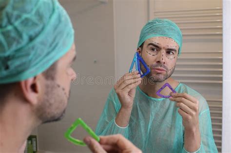 Plastic Surgery Patient Checking His Face Symmetry Stock Photo Image