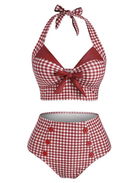 Red 1950s Checked Halter Bowknot Bikini Set Retro Stage