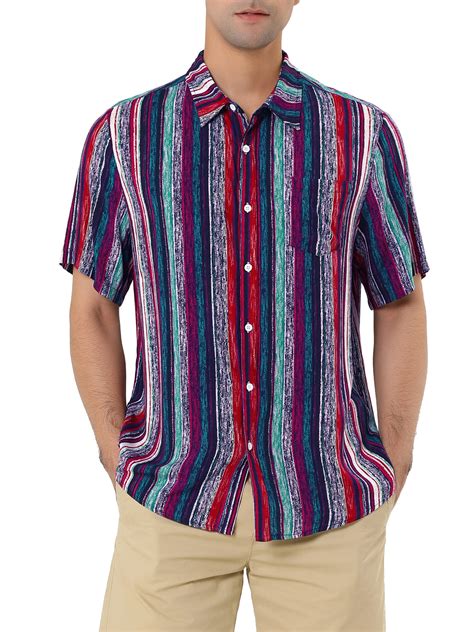 Unique Bargains Mens Short Sleeves Colorful Striped Button Down Shirt