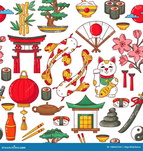 Japan Traditional Icons Colorful Seamless Vector Pattern Stock Vector