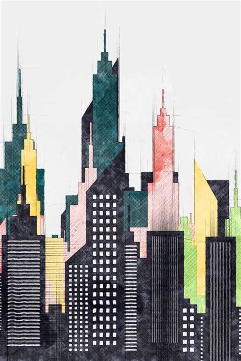 Colorful City Buildings And Skyscrapers Sketch, New York Skyline, Wall Art Poster Decor, New ...