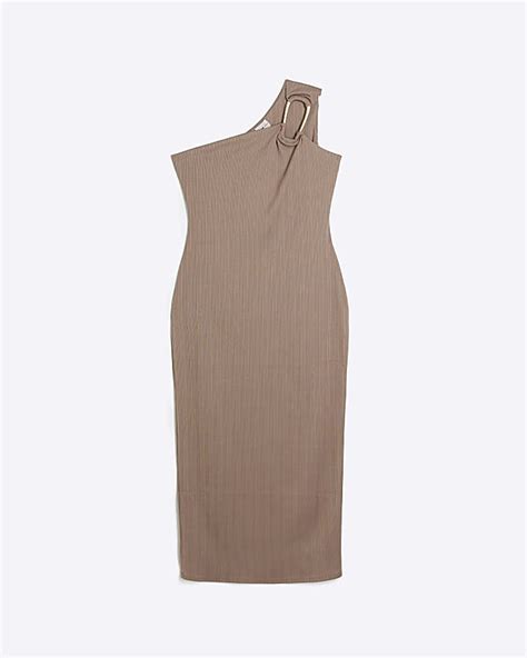 Taupe One Shoulder Bodycon Midi Dress River Island