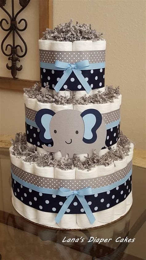 3 Tier Navy Blue And Gray Elephant Diaper Cake Baby Shower Etsy