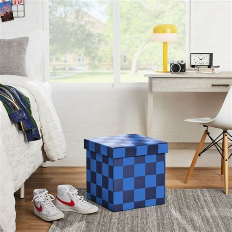 Mainstays Collapsible Storage Ottoman Blue Check