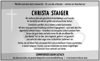 Traueranzeigen von Christa Staiger Schwarzwälder Bote Trauer