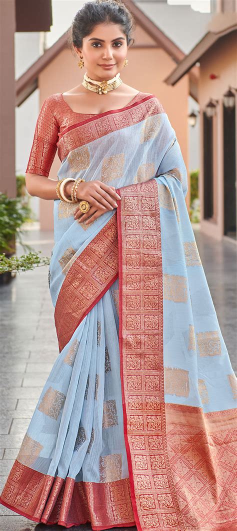 Traditional Blue Color Linen Fabric Saree 1769721