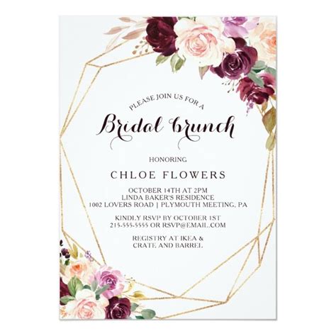 Gold Geometric Blush Burgundy Floral Bridal Brunch Invit Bridal Shower Invitations Printable