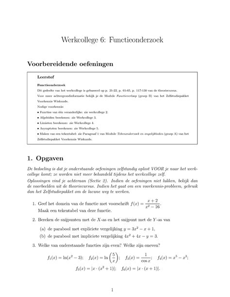 Wiskunde Tew Werkcollege Voorbereidende Oefeningen Werkcollege